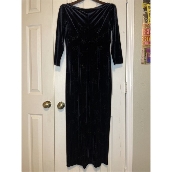 Vintage 90s Positive Attitude Black Velvet Maxi Dress Floral Embroidery Y2K Glam - Picture 6 of 8